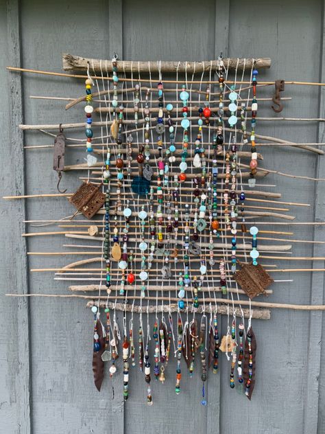 Waste Material Products, Nature Weaving For Kids, Tree Branch Weaving, Weaving With Found Objects, Flower Weaving, Branch Weaving Wall Hangings, Driftwood Crystal Wall Hangings, Nature Weaving, School Auction Art Projects