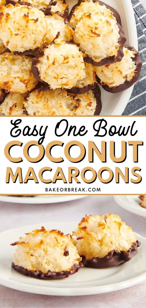 These Coconut Macaroons are an easy and delightful dessert that requires only one bowl, negating the need for whipping egg whites separately. The recipe uses the right amount of sweetened condensed milk to achieve a lovely and fluffy texture. Dipping these chewy and flavorful macaroons in melted chocolate elevates them to a heavenly status, complementing the natural coconut taste perfectly. Best Coconut Macaroons, Homemade Macaroons, Easy Macaroons, Healthy Baking Alternatives, Easy Coconut Macaroons, Coconut Macarons, Recipes Treats, Cookies 2023, Coconut Macaroons Easy