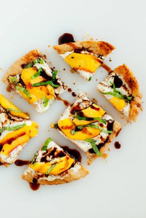 peach, basil and ricotta flatbread Peach Flatbread, Ricotta Flatbread, Peach Basil, Balsamic Drizzle, Summer Meal, Peach Recipe, Pizza Party, Summer Dinner, Fresh Basil