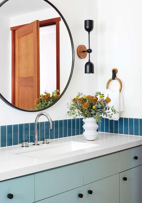 Vanity With Tile Wall, Vertical Backsplash Bathroom, Tiled Bathroom Sink Backsplash, Bathroom Sink Wall Tile, Tile Sink Backsplash Bathroom, Tiles Behind Sink Bathroom, Bath Vanity Backsplash Ideas, Tiled Backsplash Bathroom Vanity, Vertical Tile Backsplash Bathroom