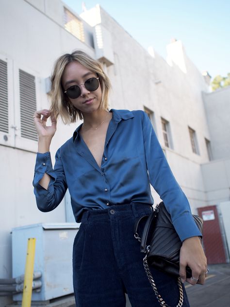 The Perfect Silk Blouse Blue Silk Shirt Outfit, Silky Shirt Outfit, Silk Shirt Outfit, Over The Knee Black Boots, Knee Black Boots, Classic Chic Style, Silky Shirt, Multiple Outfits, Wardrobe Pieces