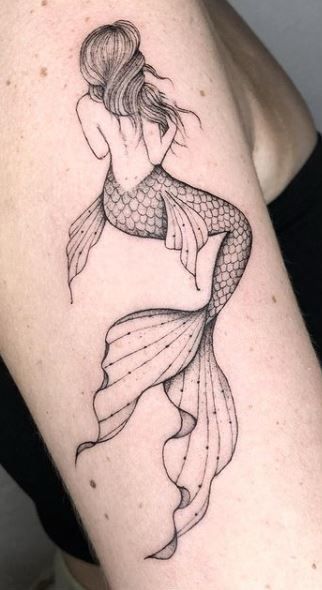 Mermaid Back Drawing, Mermaid Tattoos Aesthetic, Back Of Mermaid Tattoo, Mermaid Sitting Tattoo, Mermaid On A Rock Tattoo, Elegant Mermaid Tattoo, Aesthetic Mermaid Tattoo, Mermaid On Moon Tattoo, Scorpio Mermaid Tattoo