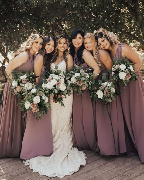 Rosewood Wedding Color Flowers, Mauve Wedding Table, Dark Mauve Wedding, Rosewood Bridesmaid Dress, Bridesmaid Dresses Mauve, Mulberry Bridesmaid, Country Wedding Colors, Mauve Bridesmaid Dresses, Mauve Wedding Colors