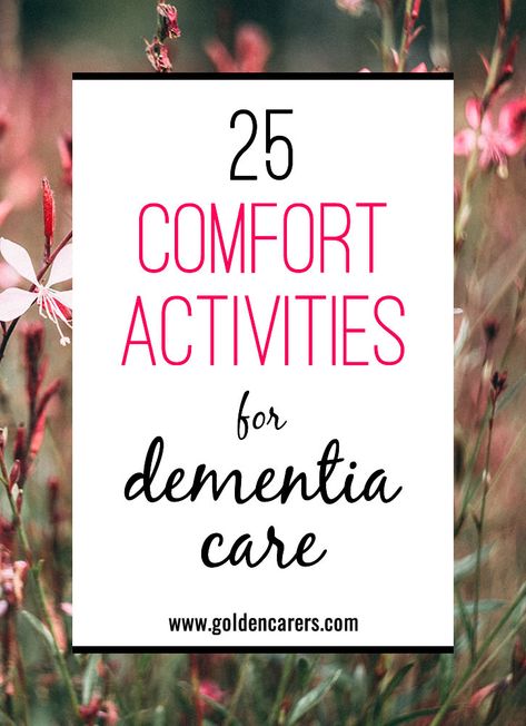 25 Comfort Activities for Dementia Care: The benefits of sensory activities in dementia care cannot be underestimated. It can be as simple as taking your resident to the garden or using a diffuser with some lavender and geranium essential oils in the sitting room. Comfort Activities, Snf Slp, Memory Care Activities, Senior Living Activities, Nursing Home Activities, Alzheimers Activities, Alzheimer Care, Creative Arts Therapy, Caregiver Resources