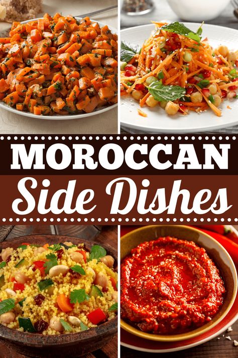 From salads to potato cakes to couscous, these traditional Moroccan side dishes are easy to make, simple, and oh-so-delicious. Moroccan Side Dishes, Moroccan Vegetables, Moroccan Carrots, Moroccan Couscous, Moroccan Recipes, Moroccan Dishes, Meals To Cook, Vegan Dinner Ideas, Healthy Recipe Videos