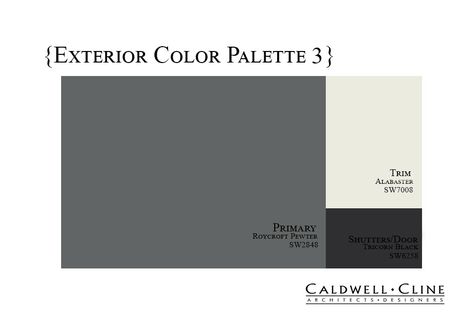 Roycroft Pewter Exterior, Sw Roycroft Pewter, Roycroft Pewter, Grey Siding, Exterior Color Palette, Siding Colors, Shutter Doors, Exterior Ideas, Red Bricks