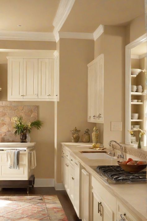 kitchen interior design, kitchen wall paint, kitchen decor ideas, kitchen paint color Beige Walls Kitchen, Cream Kitchen Colour Schemes, Kilim Beige Sherwin Williams, Beige Sherwin Williams, Beige Wall Paints, Kitchen With Dark Cabinets, Coastal Palette, Light Oak Floors, Sage Green Kitchen