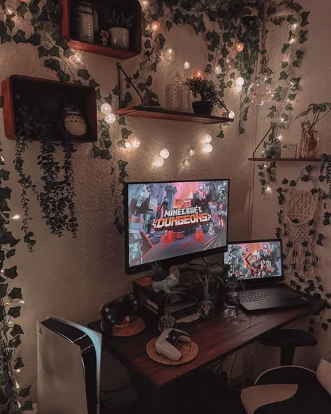 Love my new cozy setup #cozygaming #cozy #cozygamingsetup Aesthetic Workplace, Cosy Office, Gamer Girl Room, Cozy Gaming Setup, Cozy Setup, Gaming Home Office, Cute Gaming, Cozy Desk, Cozy Gaming