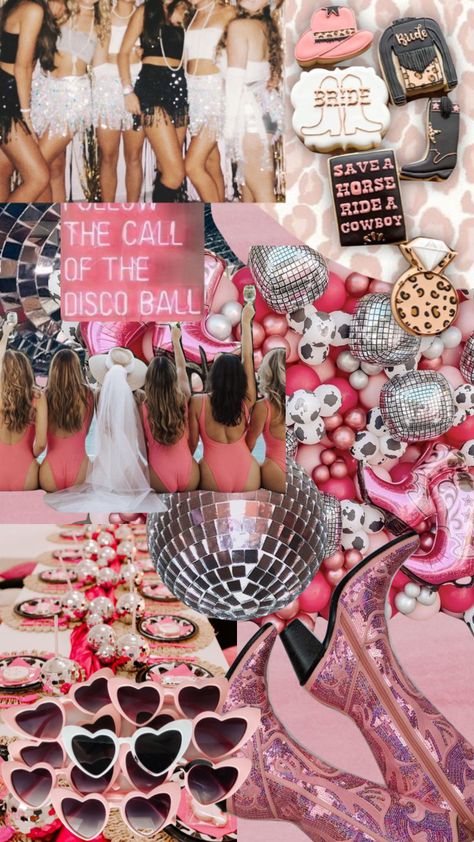 #discocowgirlbachelorette Disco Cowgirl Bachelorette Party Decor, Disco Cowgirl Hens, Hen Do Cowgirl, Cowgirls And Cocktails, Coachella Bachelorette, Cowgirl Hens Party, Cowgirl Bachelorette Party Decorations, Space Cowgirl Bachelorette, Cowgirl Bachelorette Party Outfits