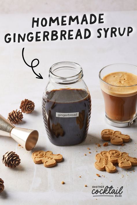 This gingerbread syrup, made with sweet molasses, fresh ginger, and a blend of seasonal spices, will infuse a festive spirit and the flavor of freshly baked gingerbread cookies into your holiday drinks. Fall Simple Syrup Recipes, Homemade Gingerbread Syrup, Gingerbread Simple Syrup Recipe, Gingerbread Syrup Recipe, Gingerbread Syrup Cocktail, Gingerbread Simple Syrup, Gingerbread Syrup For Coffee, Simple Syrup Flavors, Molasses Drink