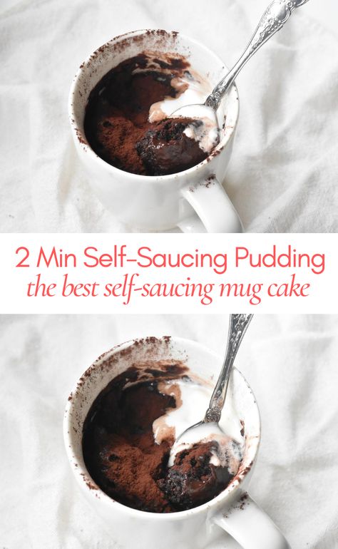 If you're in desperate need of a chocolate hit, this self-saucing chocolate pudding in a mug is for you! Just two minutes to make a soft and moist chocolate pudding full of rich chocolate sauce. Pudding In A Cup Desserts, Self Saucing Chocolate Pudding In A Mug, Self Saucing Pudding In A Mug, Chocolate Pudding Mug Cake, Mug Pudding, Choc Mug Cake, Microwave Pudding, Teatime Cakes, Microwave Chocolate Pudding