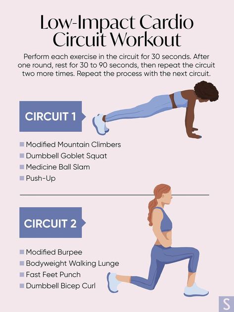 Modified Burpee, Cardio Benefits, Dumbbell Bicep Curl, Emom Workout, Low Impact Cardio Workout, Cardio Circuit, Cardio Exercises, Low Impact Cardio, Killer Workouts