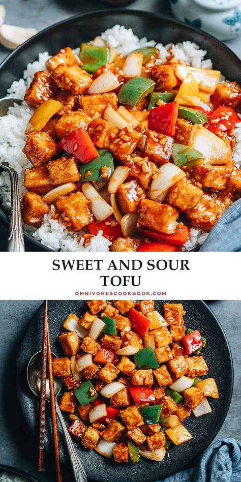 Extra crispy sweet and sour tofu served with crunchy, colorful vegetables and a rich, sticky sauce makes a delicious Chinese dinner! The result is so good that you won’t want to order takeout again. {Vegetarian, Vegan, Gluten-Free Adoptable} Asian Potluck, Sweet And Sour Tofu, Vegetarian Asian, Sticky Sauce, Asian Dinner, Vegan Chinese, Chinese Dinner, Dinner Favorites, Asian Dinners