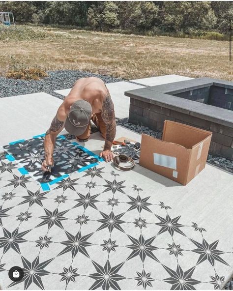 Backyard Cement, Outdoor Concrete Floors, Floor Stencils Patterns, Stenciled Concrete, Stenciled Concrete Floor, Paint Concrete Patio, Stencil Concrete, Painting Cement, Furniture Stencils