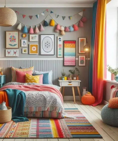 Colourful Kids Bedroom, Colorful Kids Bedroom, Bedroom Ideas Creative, Boy And Girl Shared Bedroom, Violet Room, Girls Room Colors, Rainbow Bedroom, Kids Rooms Inspo, Kids Shared Bedroom