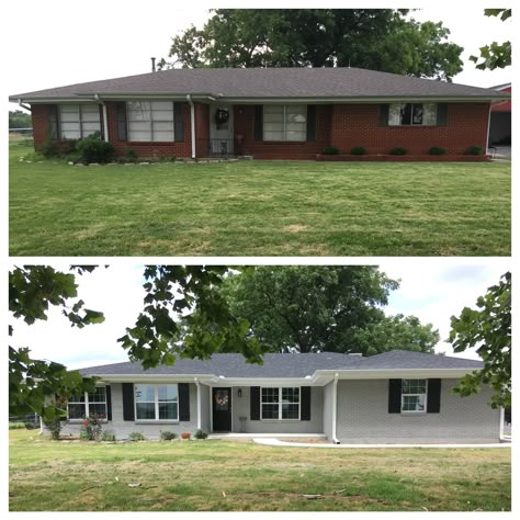 Painted exterior Ranch style house before and after. Added onto front of house and extended the porch and added a sidewalk. New windows. New roof. Sherwin Williams Ellie Gray at 110% on body, tricorn black on shutters, and extra white trim. Painted Brick White Ranch House, Sage Green House, Brick Exteriors, Exterior Farmhouse, Painted Brick House, House Makeovers, Ranch Remodel, Ranch Exterior, Brick Ranch