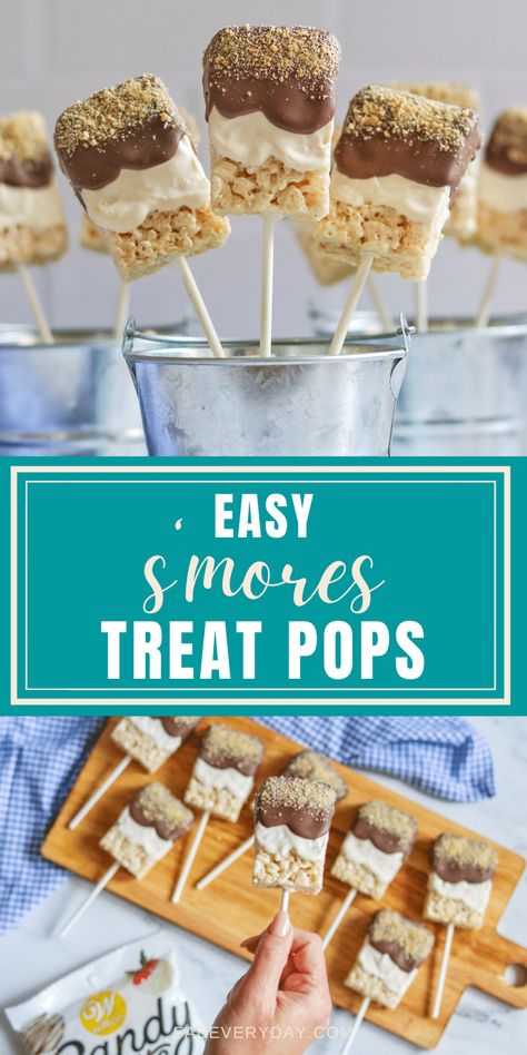 Easy S’mores Treats Pops - Fab Everyday S’mores To Go, S’more Party Ideas, Outdoor Birthday Party Food Ideas, Kids Camping Party Ideas, Smore Treats, Treats On A Stick Ideas, Smores On A Stick, Smore Themed Party, Camp Themed Treats