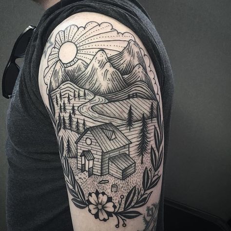 Landscape tattoo Portland Tattoo, Woodcut Tattoo, Tattoos Mandala, Landscape Tattoo, London Tattoo, Tattoo Videos, Line Work Tattoo, Maori Tattoo, Nature Tattoos