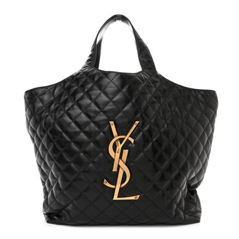 This is an authentic SAINT LAURENT Lambskin Quilted Maxi Icare Shopping Tote in Black.This chic tote is crafted of supple diamond stitched lambskin leather in black. The bag features leather top handles and a large aged-gold YSL emblem on the front. The top is open to a black fabric interior with an aged gold chain link strap to cinch the sides and a matching, removable pouch. Ysl Large Bag, Ysl Quilted Bag, Saint Laurent Bag Outfit, Ysl Tote Bag, Ysl Tote, Saint Laurent Tote, Luxury Tote Bags, Quilted Totes, Handbag Heaven