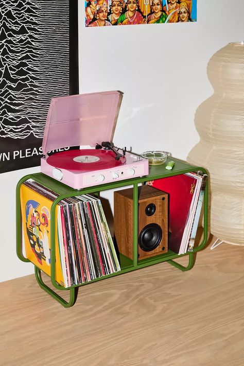 Alana Vinyl Storage Console | Urban Outfitters Records Storage Ideas, Vintage Record Player Stand, Vinyl Records Storage Ideas, Vinyl Storage Ideas, Vinyl Library, Record Player Setup, Dopamine Design, Vinyl Stand, Store Vinyl Records