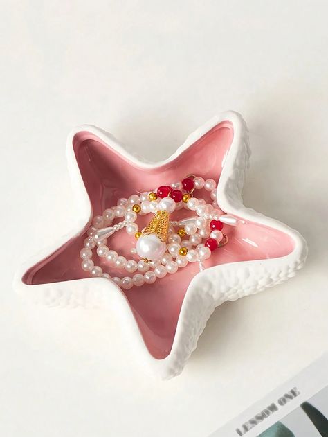 Pink Ceramic Jewelry Plate, Nordic Style Shell Decoration Small Accessories, Suitable For Desktop Foyer Key Storage Tray, Office Desk, Household, And Girl's RoomI discovered amazing products on SHEIN.com, come check them out! Clay Jewellery Holder, Jewlery Holder, Ceramic Jewelry Dish, Starfish Jewelry, Pink Girl Room, Jewellery Holder, Shell Decorations, Dresser Storage, Ocean Fashion