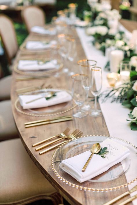 Dean Geyer, Jillian Murray, Wedding Plate Setting, Round Wood Table, Clear Plates, Inside Weddings, Gold Flatware, Wedding Plates, Wedding Place Settings