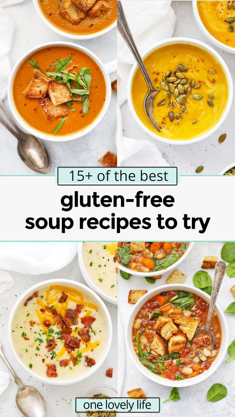 Love a cozy bowl of soup? You're in the right place! We rounded up 15+ of our most popular & best gluten-free soup recipes for your next soup craving! // gluten-free soup to try / healthy gluten-free soup recipes / healthy soup recipes / healthy soups / meal plan ideas / gluten-free meal plan / popular gluten-free soup recipes / the best gluten-free soup recipes Gluten Free Dairy Free Soup, Dairy Free Soup Recipes, Cheap Gluten Free Meals, Gluten Free Lasagna Soup, Dairy Free Soup Recipe, Gluten Free Soup Recipes Glutenfree, Gluten Free Lasagna, Dairy Free Soup, Winter Soup Recipe