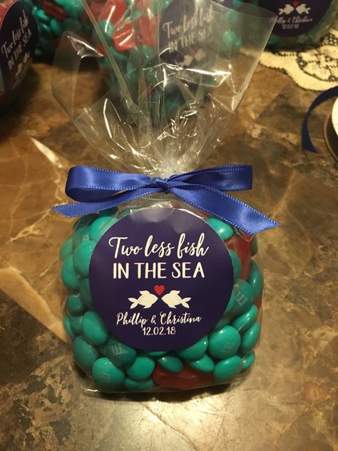 Fish Bachelorette Party, 2 Less Fish In The Sea Engagement Party, Fishing Themed Bachelorette Party, Sea Themed Bachelorette Party, Fishing Wedding Favors, Two Less Fish In The Sea, Two Less Fish In The Sea Shower Ideas, Beach Engagement Party, Fishing Themed Wedding