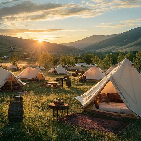 🏕️✨ Escape to a Luxurious Glamping Oasis✨🌅 Imagine yourself in a beautiful natural haven, surrounded by cozy bell tents and elegant safari-style tents, each uniquely designed for comfort and style. With mountains in the distance and a golden sunset casting a warm glow, this is the ultimate outdoor retreat. 🌄💫 Every detail has been thoughtfully crafted—from rustic wooden furniture and soft bedding to gentle lighting that brings a sense of tranquility to the scene. It’s the perfect blend of l... Luxury Glamping Ideas, Tent Camping Aesthetic, Fancy Camping, Gentle Lighting, Rustic Wooden Furniture, Mountains In The Distance, Group Camping, Wilderness Retreat, Bell Tents