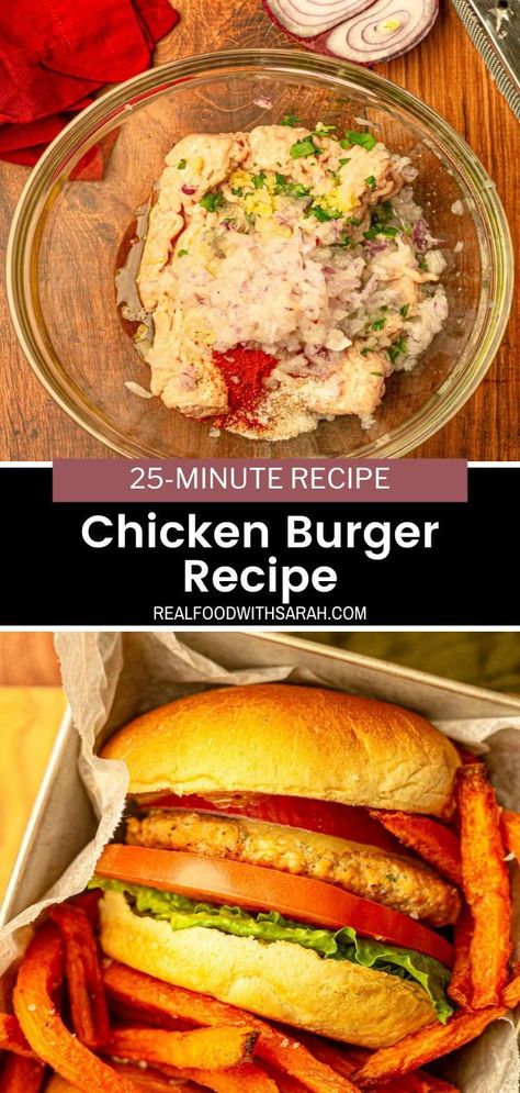 These Chicken Burgers are healthy, made with simple ingredients and are the perfect meal for the whole family. They are done in under 25 minutes! Healthy Chicken Burgers Clean Eating, The Best Chicken Burgers, Ground Chicken Burgers In Oven, Canned Chicken Burgers, Easy Chicken Burgers, Healthy Ground Chicken Burgers, Homemade Ground Chicken Burgers, Ground Chicken Burgers Air Fryer, Homemade Chicken Burgers Patty