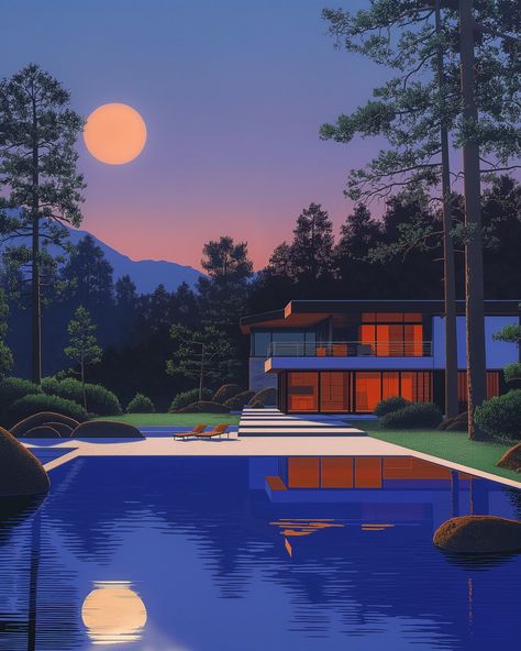 I want a modern style home in Estes Park Colorado without a pool at dusk like it was painted by Hiroshi Nagai, HDR, Hiroshi Nagai, vintage finish, pixel art, liminal spaces, 80s aesthetic, 90s aesthetic, smooth brushwork, days gone by, city pop art style 80s And 90s Aesthetic, Hiroshi Nagai, Just Do It Wallpapers, Futurism Art, Inspirational Digital Art, Retro Painting, Vaporwave Art, Estes Park Colorado, Relaxing Art