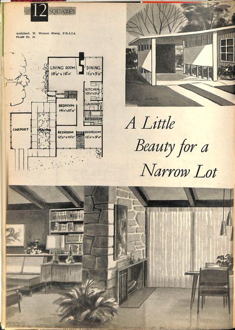 Small Mid Century House, Midcentury House Plans, Mid Century House Plans, Usonian House, Vintage Floor Plans, Mid Century Modern House Plans, Large Apartment, Midcentury Architecture, Midcentury House