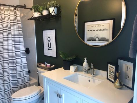 Essex Green Bathroom, Essex Green Benjamin Moore, Benjamin Moore Essex Green, Green Benjamin Moore, Benjamin Moore Bathroom, Small Modern Cabin, Essex Green, Wicker Park Chicago, Modern Cabin