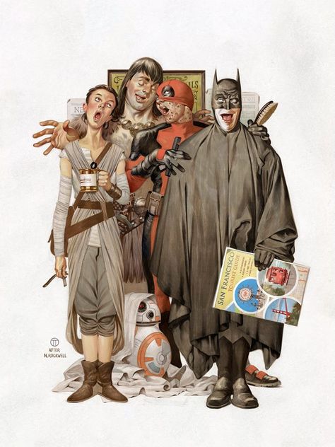 Delightful Norman Rockwell-Inspired Hero Poster for San Fransisco Comic Con Julian Totino Tedesco, Norman Rockwell Paintings, The Bat Man, Hero Poster, Norman Rockwell, American Comics, Comic Book Covers, Comic Book Characters, Comic Covers