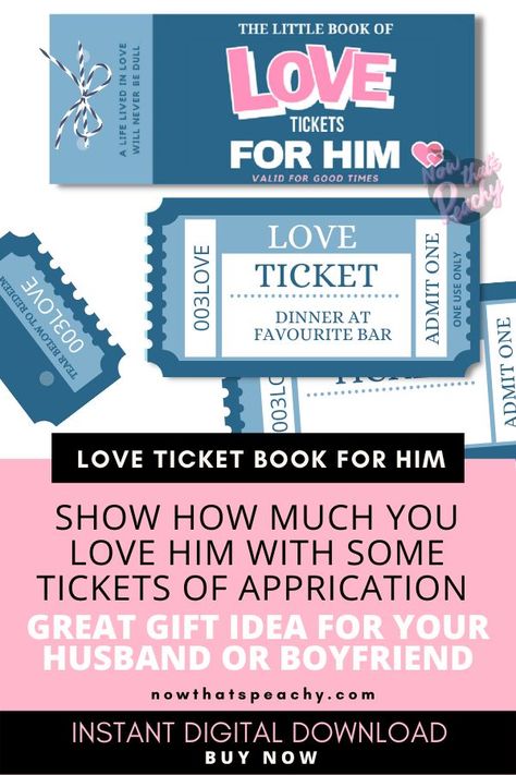 LOVE Ticket vouchers for you Man! Instant download coupons for last-minute Valentine's Day gifts for your husband, boyfriend or fiance.

Fun and easy DIY gift idea to give on birthdays or anniversay. Printable Appriciation coupons for him Love Ticket, The Bachelor Tv Show, Gifts For Your Husband, Paper Aeroplane, Printable Tickets, Diy Coupons, Easy Diy Gifts, Printable Books, Coupon Book