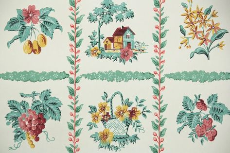 1950s Kitchen Vintage Wallpaper – Hannah's Treasures Vintage Wallpaper Vintage Kitchen Wallpaper Patterns, 1950s Kitchen Wallpaper, Vintage 1950s Kitchen, 1950s Wallpaper, Wallpaper Antique, 1940 Style, 1950s Patterns, 1950s Kitchen, Antique Wallpaper