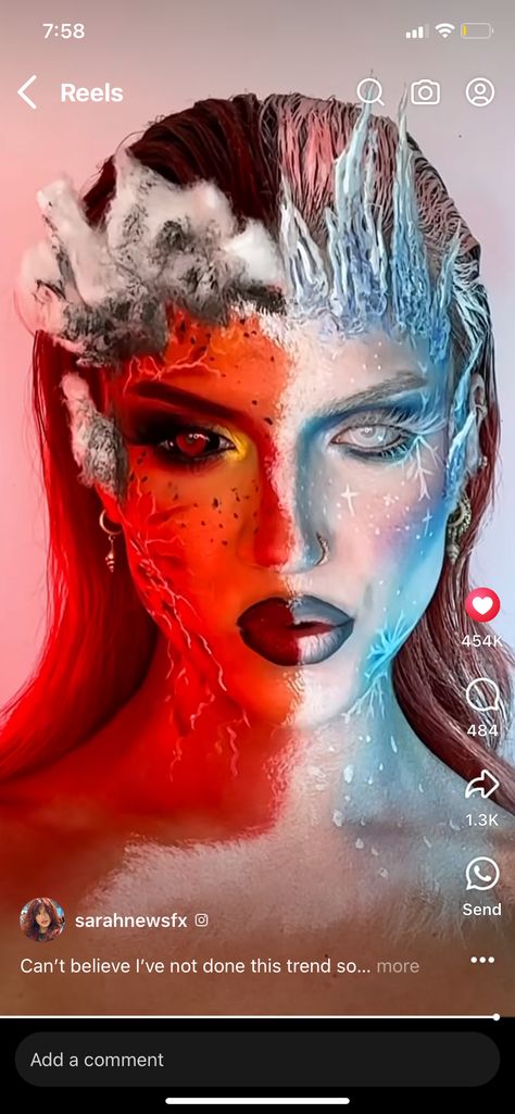 Fire And Ice Makeup Looks, Ice Makeup Looks, Fire And Ice Makeup, Fire And Ice Costume, Ice Oc, Ice Costume, Ice Makeup, Fire Makeup, Ice And Fire