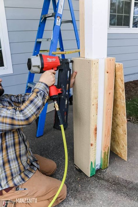 Give your boring and skinny porch posts a modern farmhouse makeover with this easy DIY tutorial! Wrap the bottom part with 2x3s and siding, caulk and paint white for a carftsman style! Great way to add curb appeal! #curbappeal #porch #column #DIY #doityourself Porch Post Wraps, Modern Farmhouse Makeover, Front Porch Posts, Porch Pillars, Front Porch Columns, Farmhouse Makeover, Add Curb Appeal, Column Covers, Porch Remodel