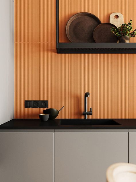 COLOR TRENDS 2024 | Apricot is the new Terracotta Blue Kids Room, Terracotta Decor, Black Bed Set, Painted Closet, Outdoor Shelves, Orange Bathrooms, Orange Kitchen, Open Plan Living Room, Orange Interior