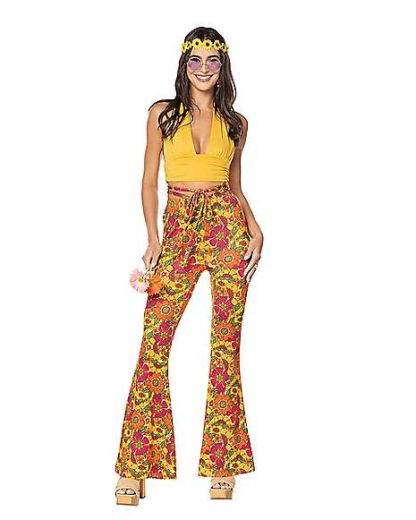 Adult Yellow Flower Bell Bottom Pants - Spirithalloween.com Retro Outfits 70s Hippie, 70’s Fashion Hippie, 70s Fashion Pants, 70s Glam Fashion, 70s Themed Outfits, Hippie Outfits 70s, 70s Outfits Party, Hippy Costume, 70s Fashion Women