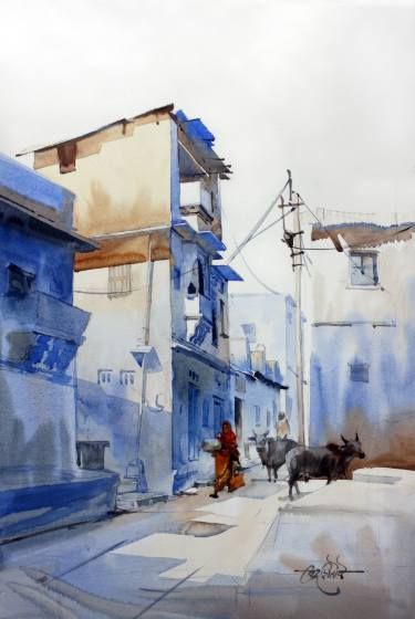 Blue streets of Chittodgarh - Vikrant Shitole | India Houses Art, Road Painting, Arches Watercolor Paper, Watercolor Architecture, Art Resources, Watercolor Painting Techniques, Tableau Art, 수채화 그림, Cat Air