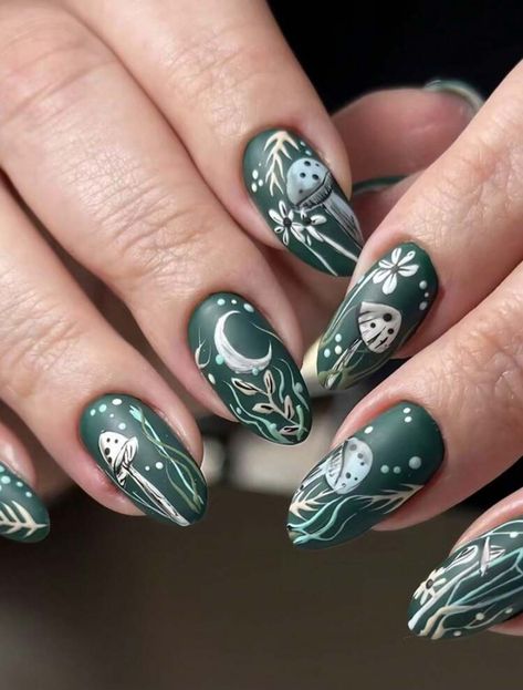 Shroom Nails, Plant Nails, Simple Prom Nails, Mushroom Nail Art, Mushroom Nails, Meadow Landscape, Fake Nail Tips, Forest Style, Cute Mushroom