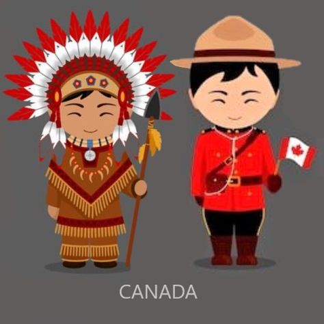 Picture of Canadians in national dress with a flag. Native Canadian and Mountie in traditional costume. Travel to Canada. People. Vector flat illustration. National Dress Canada, Canadian Halloween Costume, United Nation Costume Ideas, Canadian National Dress, Canadian Costume, Canadian Traditions, Travel To Canada, Canada Project, National Costume