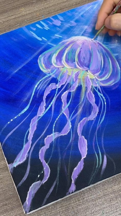 How To Paint A Jellyfish - Ocean Sea Life - Acrylic Painting for Beginners - Paint9 Art #acrylicpaintingforbeginners #acrylicpaintingtutorial #acrylicpaintingtechniques #acrylicpaintingportrait #acrylicpaintinggalaxy #acrylicpaintinglandscape Canvas Painting Projects, Canvas Art Painting Abstract, Jellyfish Painting, Underwater Painting, Arte Indie, Jellyfish Art, Canvas Painting Tutorials, Easy Canvas Art, Painting For Beginners