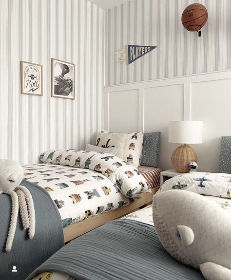 Toddler Big Boy Room Ideas, Train Toddler Room, Classic Little Boys Room, Toddler Blue Room, 2 Toddler Beds In One Room, Boys Room 6 Yrs Old, Toddler Room Inspo Boy, Shared Brothers Room, Old Money Kids Room