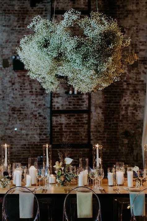 ###Reception Decor    When we said baby's breath could be beautiful en masse we meant it! This gorgeous installation, from an event thrown by [Jove Meyer](http://www.jovemeyerevents.com/), looks like an ethereal cloud floating lazily over the table. Baby's Breath Wedding Flowers, Gypsophila Wedding, Flower Installation, Baby S Breath, Deco Floral, Wedding Aisle, Wedding Flower Arrangements, Baby's Breath, Ceremony Decorations