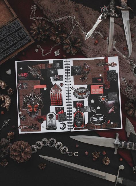 Red Gothic Aesthetic, Aesthetic Bujo Ideas, Dark Academia Collage, Academia Collage, Aesthetic Bujo, Smash Book Inspiration, Assemblage Art Collage, Collage Black, Red Gothic