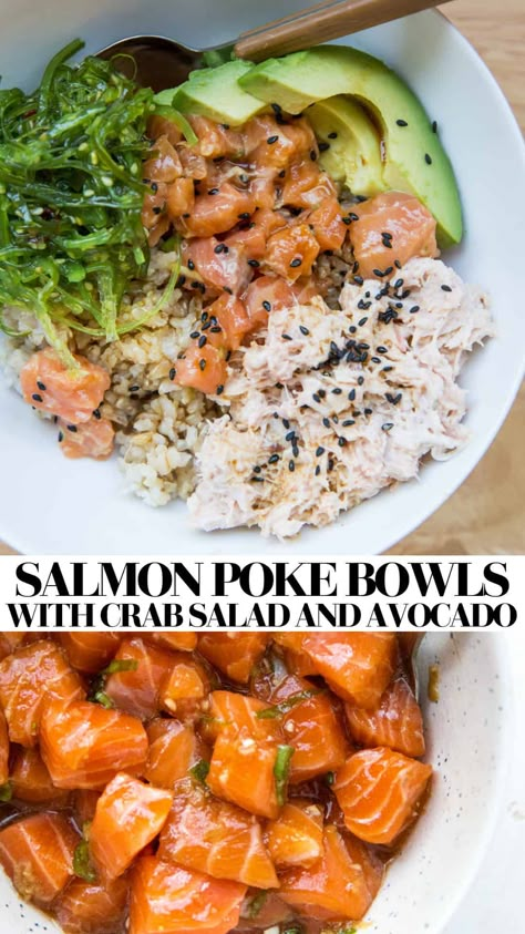 Crab Salad Sandwich, Rice And Avocado, Salmon Poke Bowl, Salad Salmon, Sushi Salmon, Salmon Bowls, Poke Recipe, Poke Bowl Recipe, Crab Salad Recipe