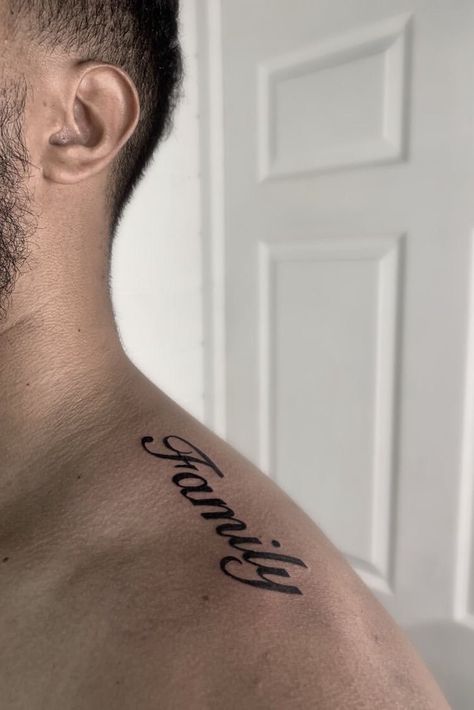 Men Tattoo Family, Word Family Tattoo Ideas, English Tattoo For Men, Family Chest Tattoos For Men, Family First Tattoo For Men, Family Tattoo Men, Word Family Tattoo, Family Over Everything Tattoo Men, Familia Tattoo Men