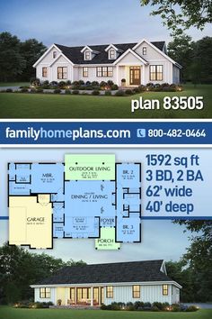 Country, Farmhouse, Ranch Style House Plan 83505 with 1592 Sq Ft, 3 Bed, 2 Bath, 2 Car Garage 4 Bedroom 1500 Sq Ft House Plans, Split Floor Plans 3 Bedrooms, 3 Bed 2 Bath Floor Plans Open Concept 1500 Sq Ft, Modular Ranch Homes, 3 Bedroom Ranch With Office, Two Bedroom Ranch House Plans, Floor Plans Ranch With Basement, Custom Ranch Style Homes, Ranch Home With Basement Floor Plans